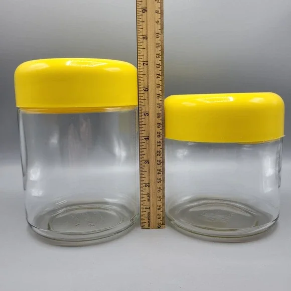 Vtg Retro MCM Heller Design Massimo Vignelli Glass Canisters Set Of 2 Yellow Lid - Picture 7 of 7